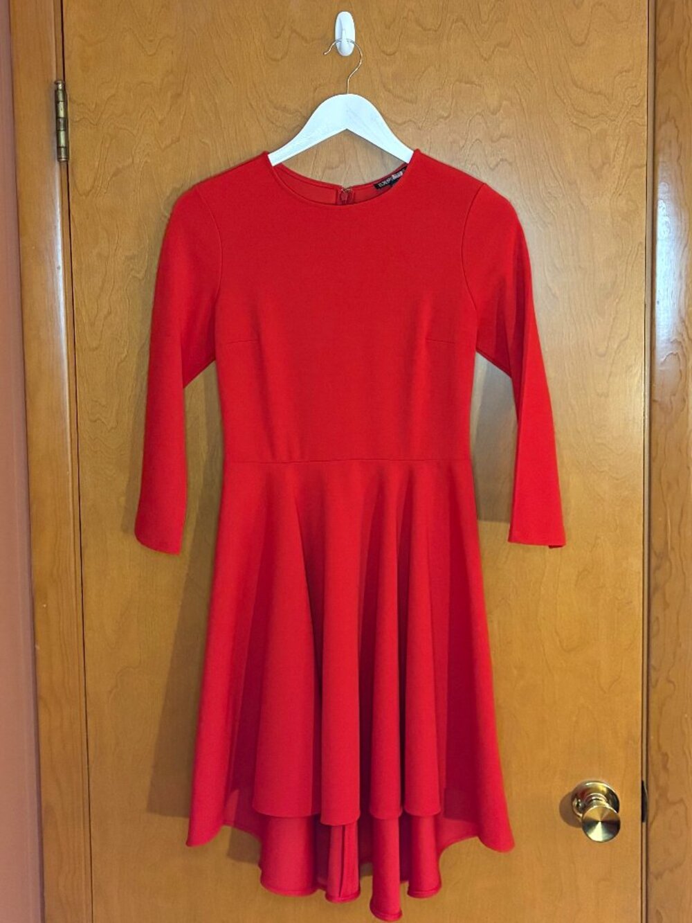 Express Red Fit & Flare Dress Size Small 3/4 Sleeve High Low Hem